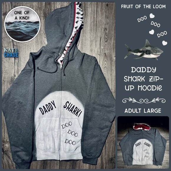 Grey Red Daddy Shark Zip Up Hoodie Mens Large Custom OOAK Father Family Costume - Picture 2 of 12